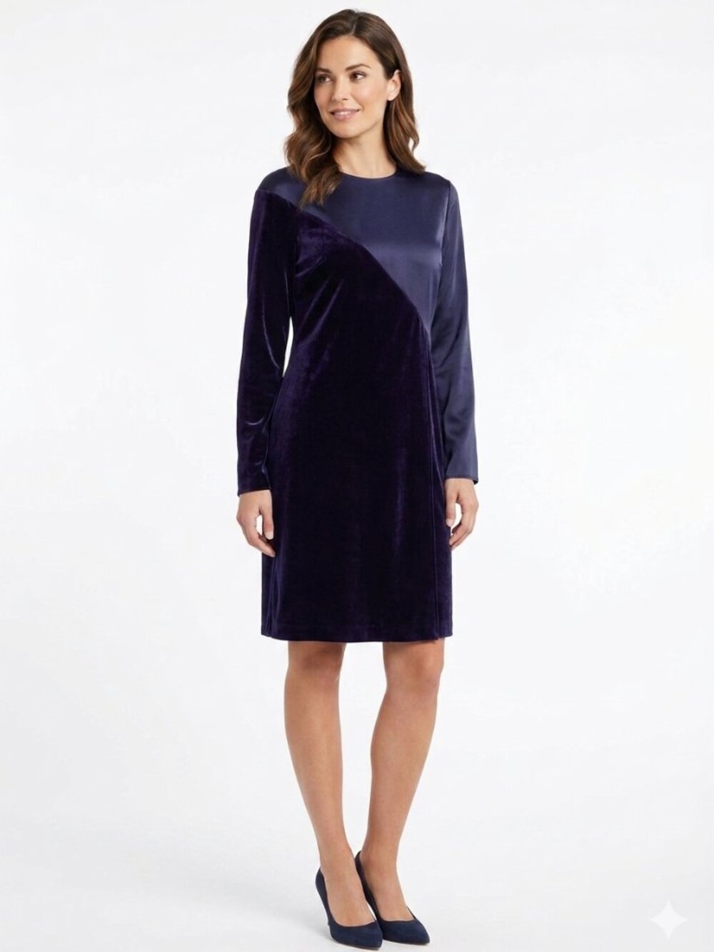 CEDRIC CHARLIER SILK BLEND NAVY SATIN VELVET COMBO LONG SLEEVE A-LINE DRESS - 8